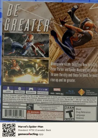 Marvel's Spider-Man PlayStation 4, Canada box back