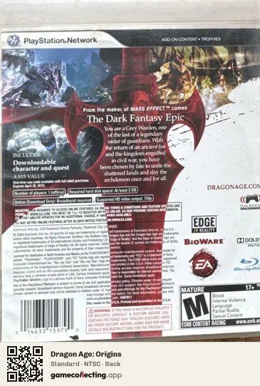 Dragon Age: Origins PlayStation 3, NTSC box back