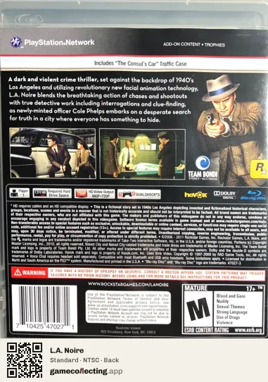 L.A. Noire PlayStation 3, NTSC box back