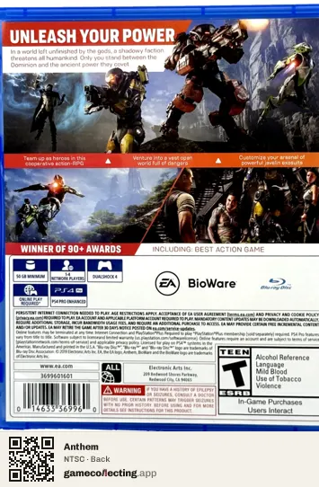 Anthem PlayStation 4, NTSC box back