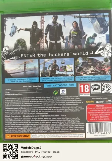 Watch Dogs 2 Xbox One, France box back