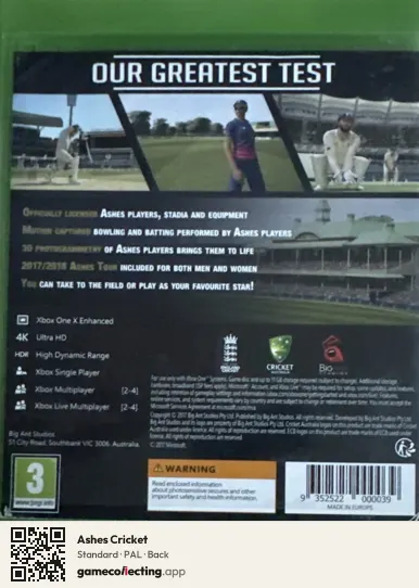 Ashes Cricket Xbox One, PAL box back