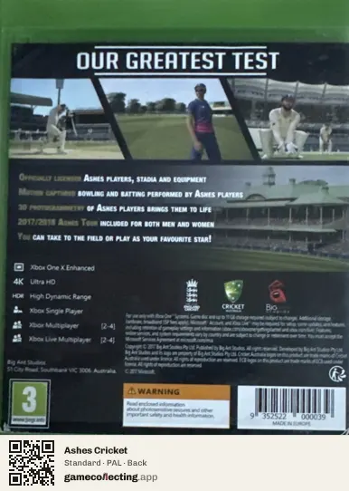 Ashes Cricket Xbox One, PAL box back