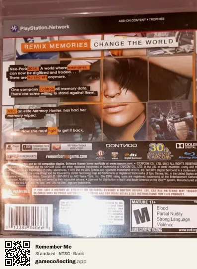 Remember Me PlayStation 3, NTSC box back
