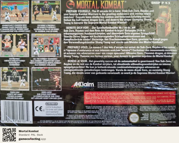 Mortal Kombat Super Nintendo Entertainment System, PAL box back