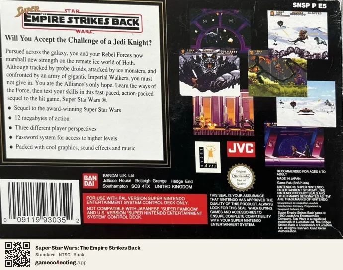 Super Star Wars: The Empire Strikes Back Super Nintendo Entertainment System, NTSC box back