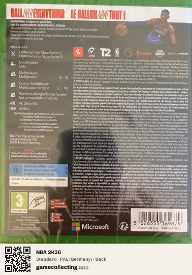 NBA 2K26 Xbox Series X, Germany box back