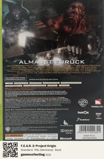 F.E.A.R. 2: Project Origin Xbox 360, Germany box back