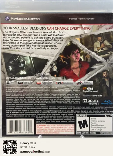 Heavy Rain PlayStation 3, NTSC box back