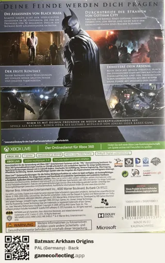 Batman: Arkham Origins Xbox 360, Germany box back
