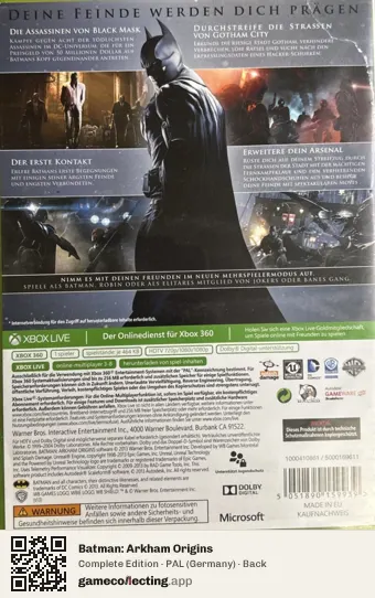 Batman: Arkham Origins Xbox 360, Germany box back
