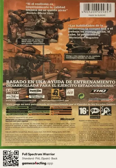Full Spectrum Warrior Xbox, Spain box back