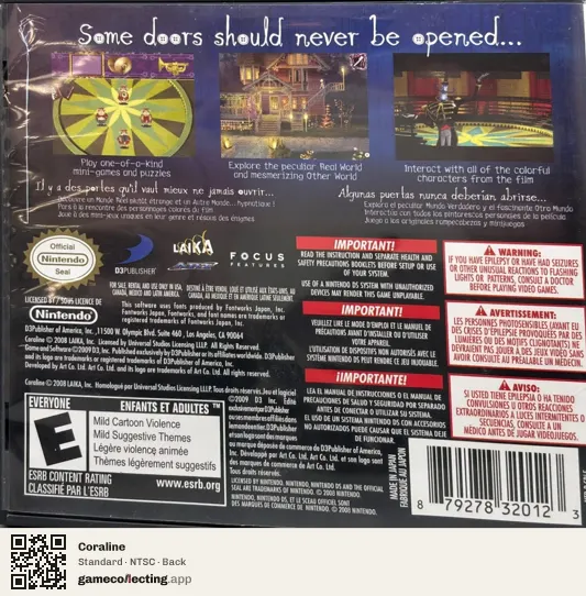 Coraline Nintendo DS, NTSC box back
