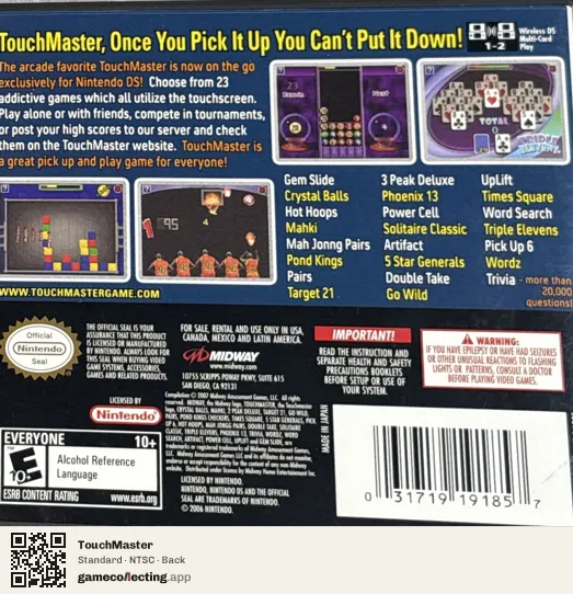 TouchMaster Nintendo DS, NTSC box back