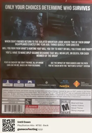 Until Dawn PlayStation 4, NTSC box back