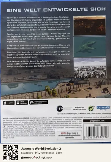 Jurassic World Evolution 2 PlayStation 5, Germany box back