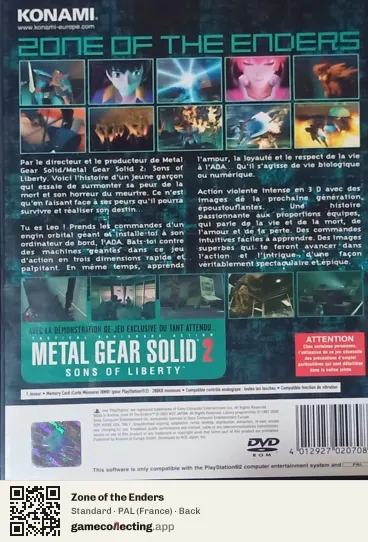 Zone of the Enders PlayStation 2, France box back