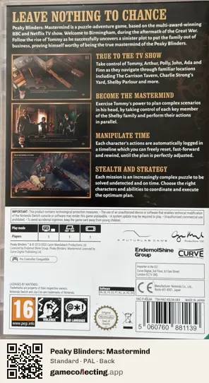 Peaky Blinders: Mastermind Nintendo Switch, PAL box back