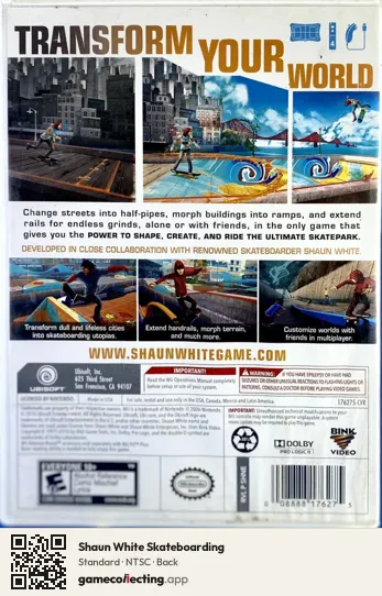 Shaun White Skateboarding Nintendo Wii, NTSC box back