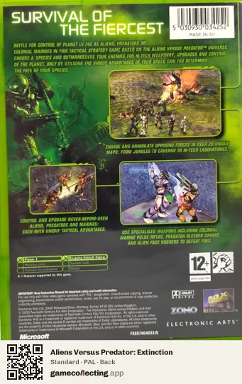 Aliens Versus Predator: Extinction Xbox, PAL box back