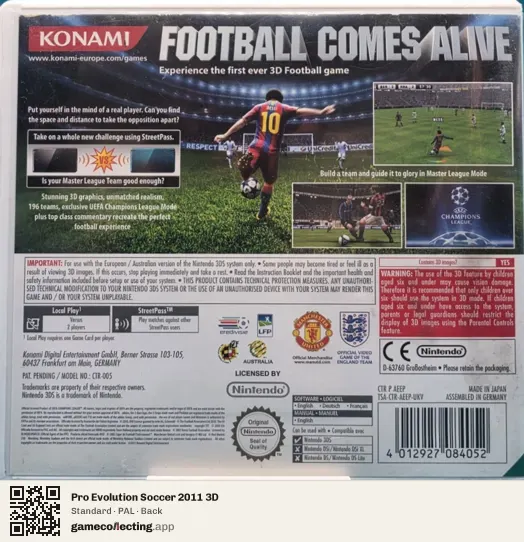 Pro Evolution Soccer 2011 3D Nintendo 3DS, PAL box back
