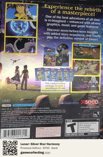 Lunar: Silver Star Harmony PlayStation Portable, NTSC box back