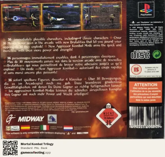 Mortal Kombat Trilogy PlayStation, PAL box back