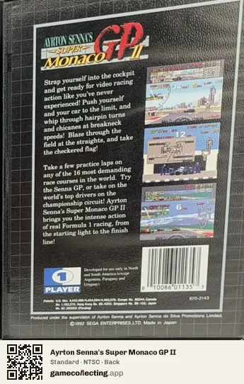Ayrton Senna's Super Monaco GP II Sega Mega Drive / Genesis, NTSC box back