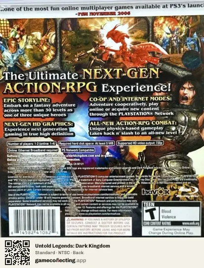 Untold Legends: Dark Kingdom PlayStation 3, NTSC box back