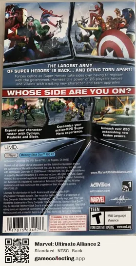 Marvel: Ultimate Alliance 2 PlayStation Portable, NTSC box back