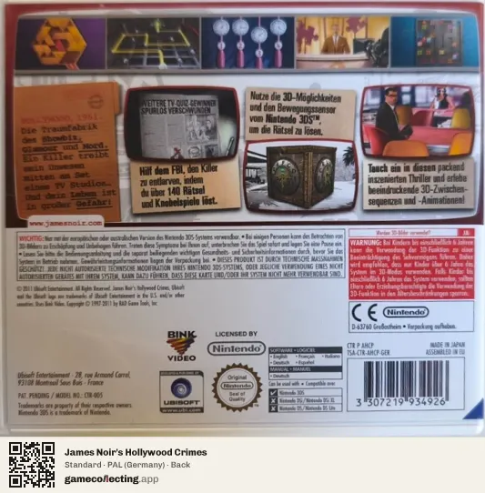 James Noir's Hollywood Crimes Nintendo 3DS, Germany box back