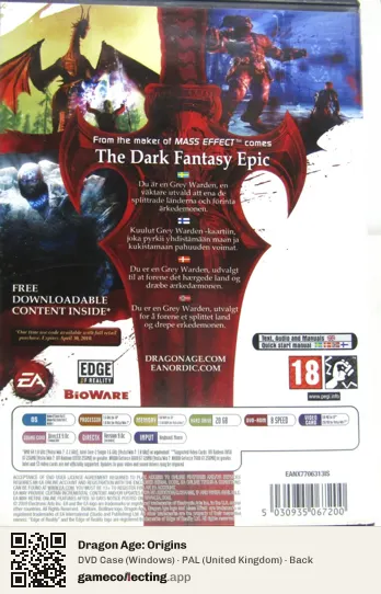 Dragon Age: Origins Computer, United Kingdom box back