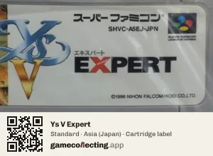 Ys V Expert Super Nintendo Entertainment System, Asia cartridge label
