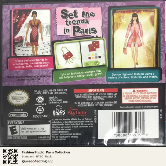 Fashion Studio: Paris Collection Nintendo DS, NTSC box back