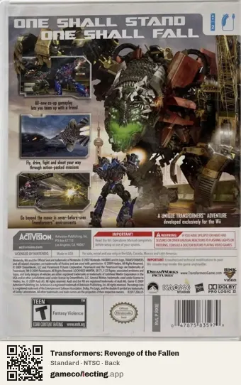 Transformers: Revenge of the Fallen Nintendo Wii, NTSC box back