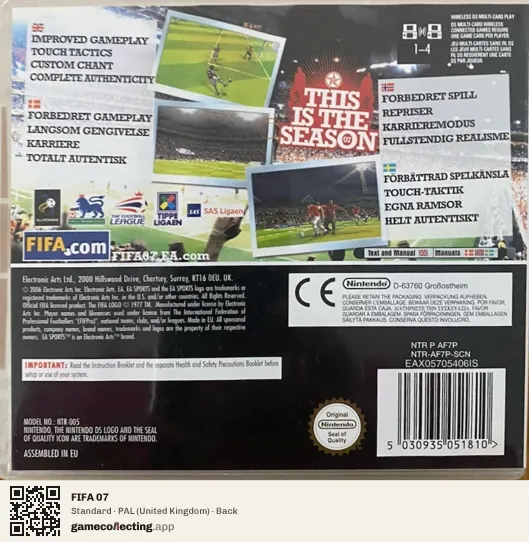 FIFA 07 Nintendo DS, United Kingdom box back
