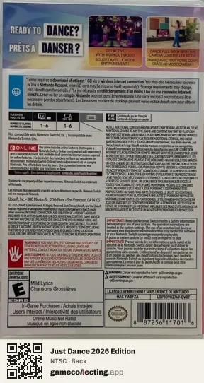 Just Dance 2026 Edition Nintendo Switch, NTSC box back