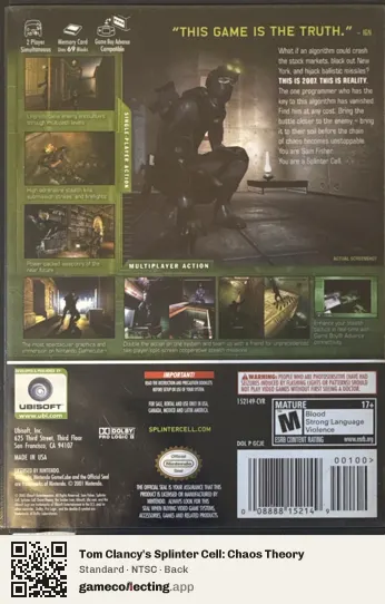 Tom Clancy's Splinter Cell: Chaos Theory Nintendo GameCube, NTSC box back