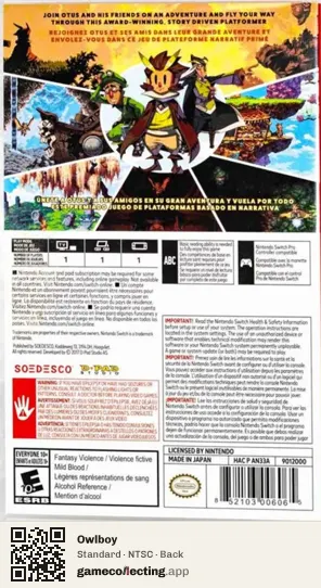 Owlboy Nintendo Switch, NTSC box back