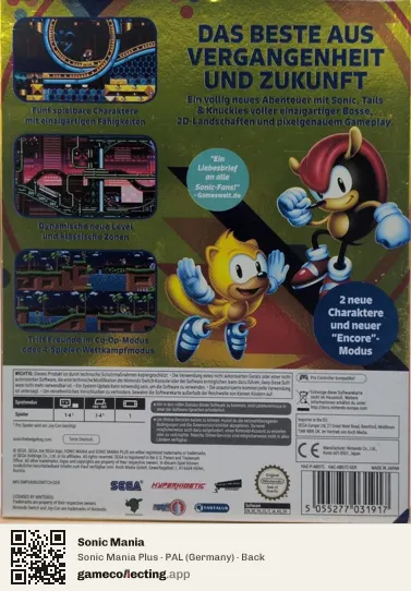 Sonic Mania Nintendo Switch, Germany box back