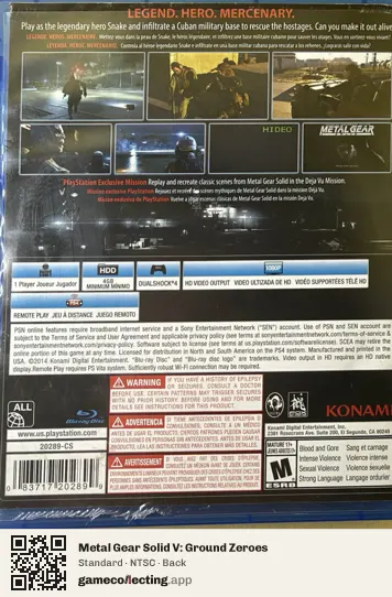 Metal Gear Solid V: Ground Zeroes PlayStation 4, NTSC box back