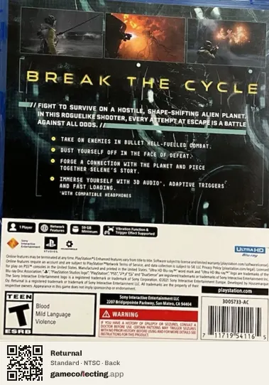 Returnal PlayStation 5, NTSC box back