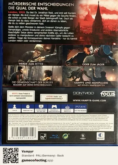 Vampyr PlayStation 4, Germany box back