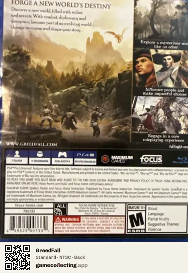 GreedFall PlayStation 4, NTSC box back
