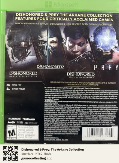 Dishonored & Prey: The Arkane Collection Xbox One, NTSC box back