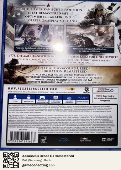 Assassin's Creed III Remastered PlayStation 4, Germany box back