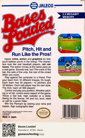 Bases Loaded Nintendo Entertainment System, NTSC box back