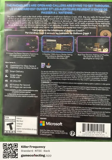Killer Frequency Xbox Series X, NTSC box back