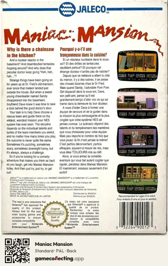 Maniac Mansion Nintendo Entertainment System, PAL box back