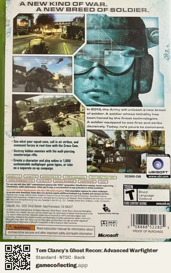 Tom Clancy's Ghost Recon: Advanced Warfighter Xbox 360, NTSC box back
